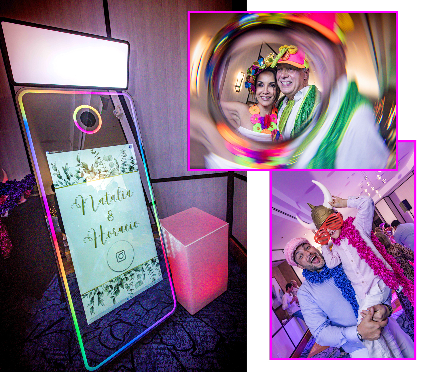 Colorful mirror photo booth setup at Natalia & Horacio’s wedding with guests in La Hora Loca attire using props, styled by Zeta Event Productions in South Florida.
