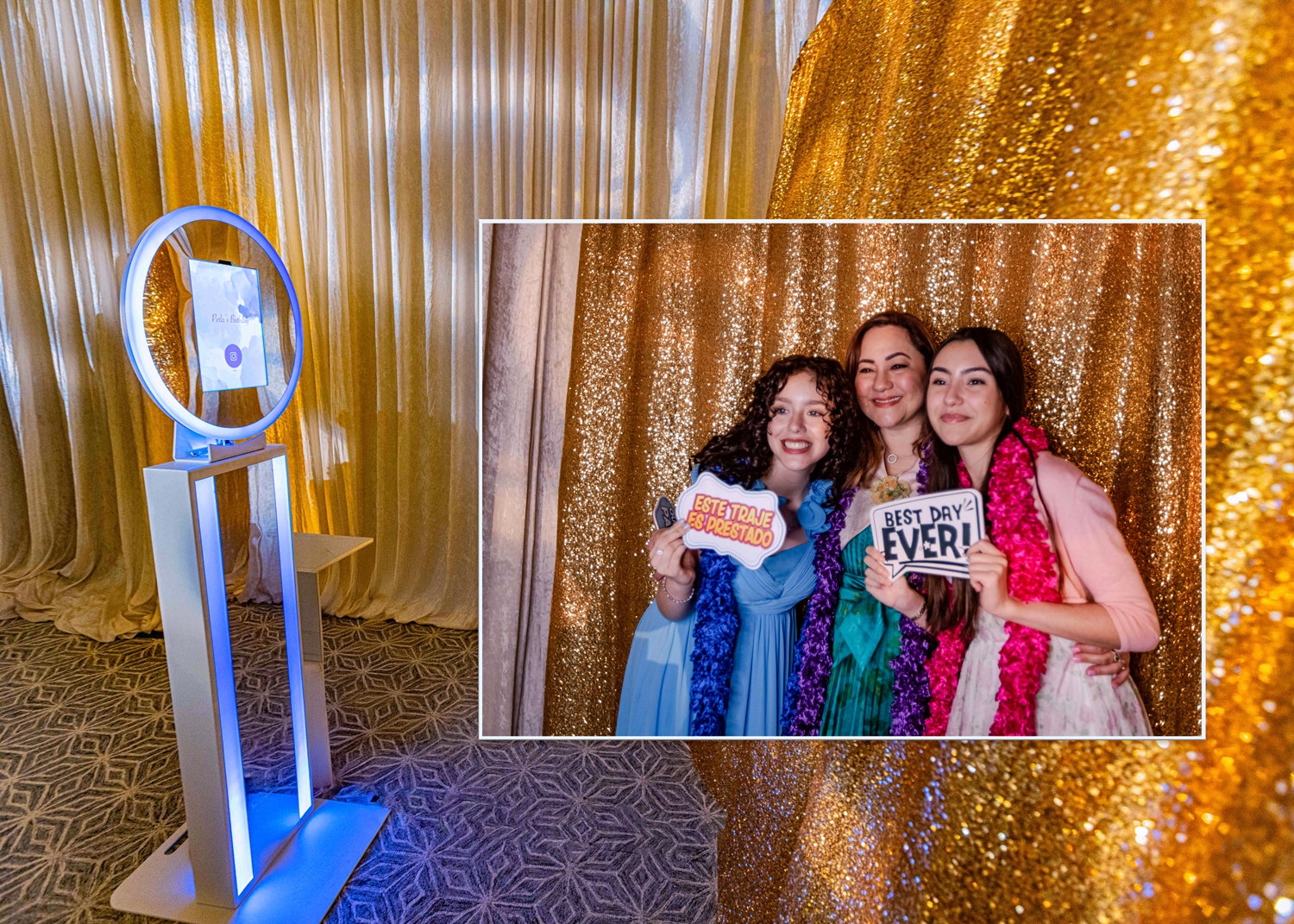 Three smiling guests posing in front of a glittering gold backdrop using a ring light photo booth at a luxury event by Zeta Event Productions in South Florida.